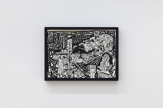 Fedir Tetyanych, Confrontation of the Primal Forces (Mysteries of Ukrainian Eden), 1970s, paper, ink, pen, wooden frame, 19&nbsp;×&nbsp;27 cm, 20.5&nbsp;×&nbsp;28&nbsp;×&nbsp;3 cm (framed), Courtesy of the artist’s family