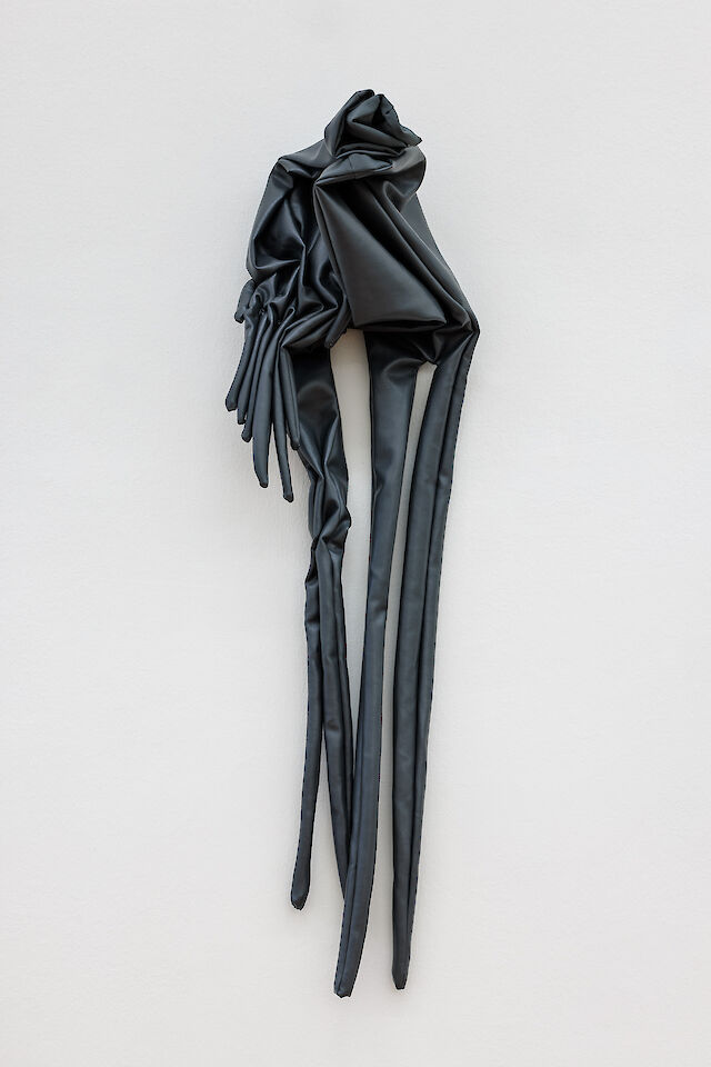 Sandra Mujinga, And What Was Left (3), 2023, Faux leather, cotton, threads, eyelet, 106&nbsp;×&nbsp;26&nbsp;×&nbsp;16 cm