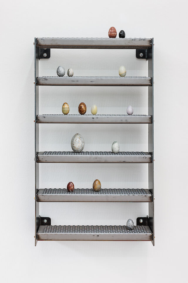 Nina Beier, Nest, 2023, stone eggs, metal, hardware, 107&nbsp;×&nbsp;62&nbsp;×&nbsp;25 cm Unless otherly mentioned, photos by Kun​st​-doku​men​ta​tion​.com