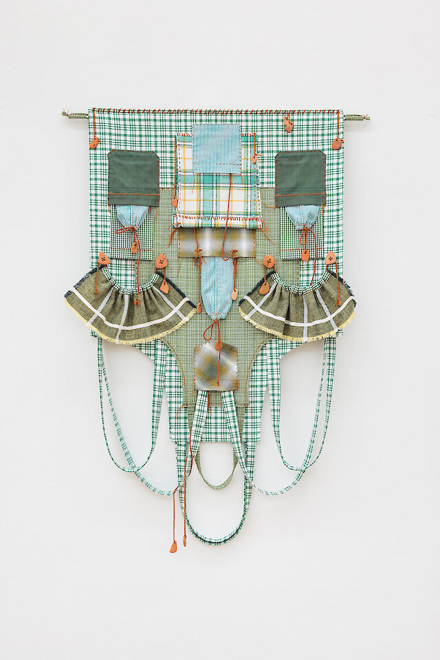 Birke Gorm, all-in (check, green), 2023, textile, terracotta, metal, 114&nbsp;×&nbsp;81&nbsp;×&nbsp;10 cm