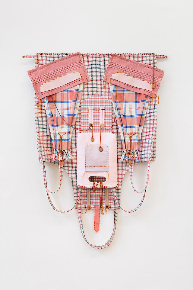 Birke Gorm, all-in (check, pink), 2023, textile, terracotta, metal, 107&nbsp;×&nbsp;82&nbsp;×&nbsp;12 cm