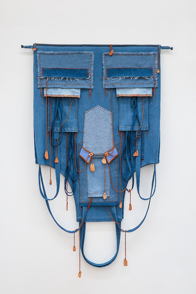 Birke Gorm, all-in (no check, light blue), 2023, textile, terracotta, metal, 133&nbsp;×&nbsp;88&nbsp;×&nbsp;11 cm