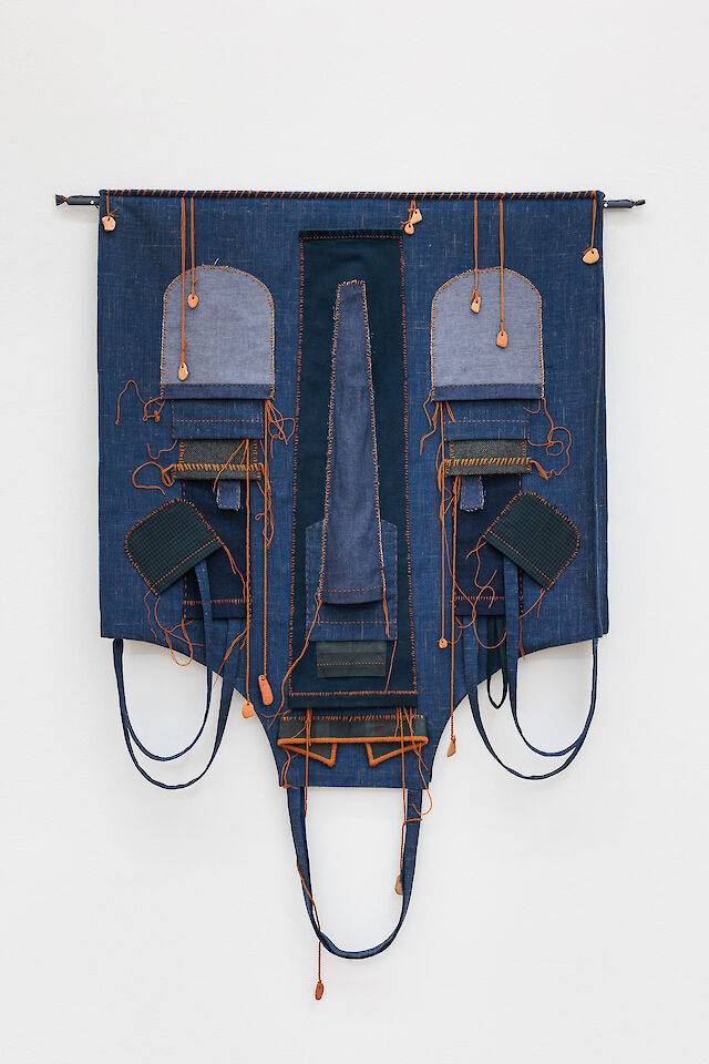 Birke Gorm, all-in (no check, dark blue), 2023, textile, terracotta, metal, 132&nbsp;×&nbsp;97&nbsp;×&nbsp;10 cm