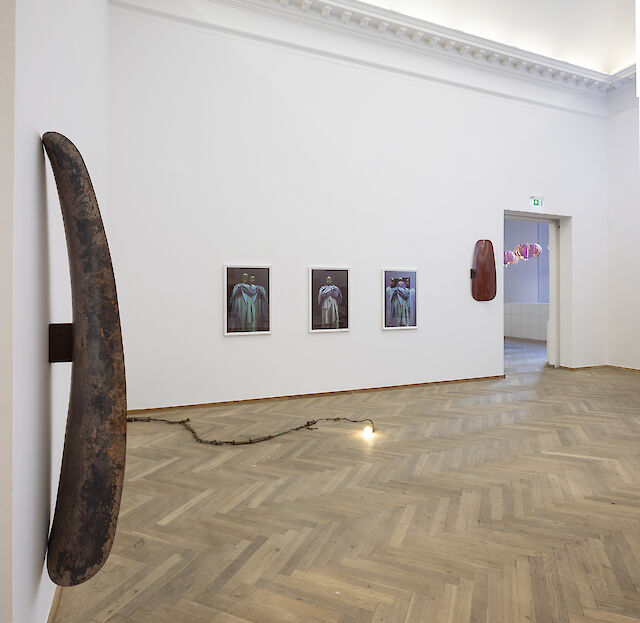 Marie Lund, Birke Gorm, Sandra Mujinga, installation view CHART, Copenhagen, 2023, photo by Jan Søndergaard