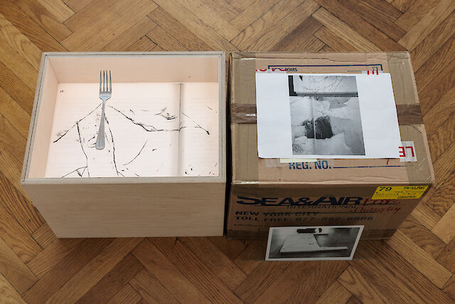 Patricia L. Boyd 79. Paranoid schizoid position (Contents in the Storage Problem), 2023, Moving box, plywood light box, prints, fork, glass 32&nbsp;×&nbsp;82&nbsp;×&nbsp;38 cm