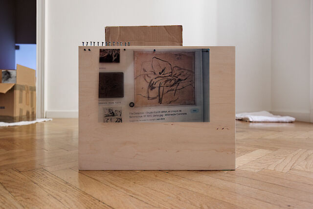 Patricia L. Boyd, 88. Kitchenware (submission) (Contents in the Storage Problem), 2023, Moving box, plywood light box, pillowcase, prints, upholstery nails, glass, 49&nbsp;×&nbsp;73&nbsp;×&nbsp;48.5 cm