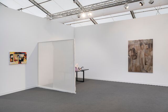 Installation view Frieze London, 2023, Elke Silvia Krystufek, Soshiro Matsubara, Joanna Woś, photo by Damian Griffiths