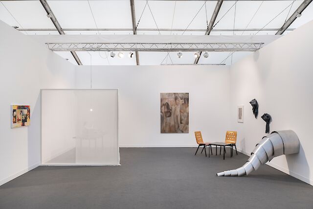 Installation view Frieze London, 2023, Elke Silvia Krystufek, Soshiro Matsubara, Joanna Woś, Sandra Mujinga, photo by Damian Griffiths