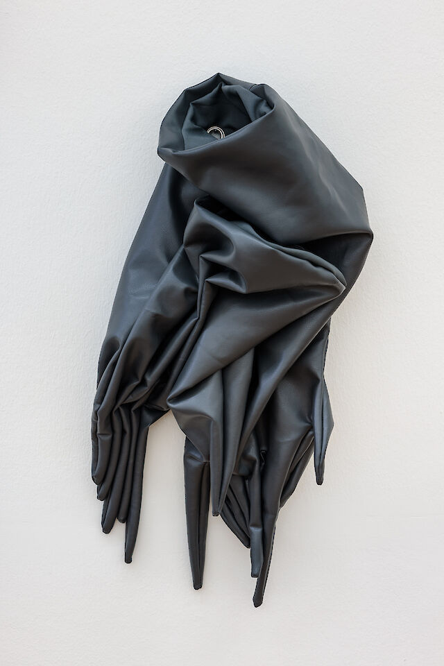 Sandra Mujinga, And What Was Left (2), 2023, faux leather, cotton, threads, eyelet, 83&nbsp;×&nbsp;38&nbsp;×&nbsp;20 cm