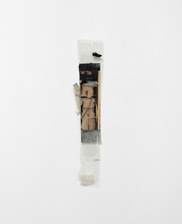 B. Ingrid Olson, psycho index of filial love, filial burden, of or due from a son or daughter, of a list before she knows it, includes herself, 2012–2024, Inkjet print, laser print, silver gelatin print, transparency, acetate, artists tape, scotch tape, dirt, staple, 27.3&nbsp;×&nbsp;5.7&nbsp;×&nbsp;0.6 cm