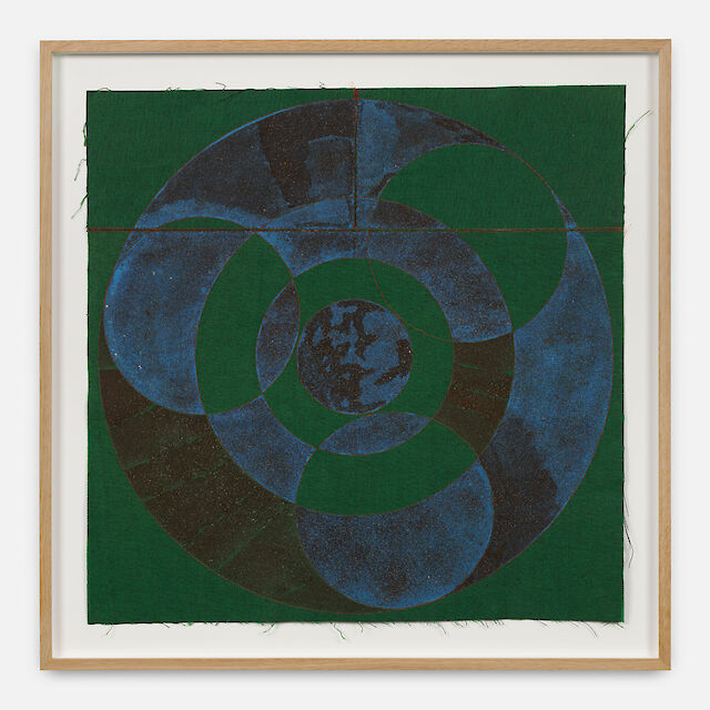 Kern Samuel, Have Mercy On Me (Green), 2022, Acrylic and soil on embroidered denim fabric, 68.6&nbsp;×&nbsp;68.6 cm